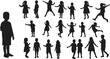 © Miss - Children silhouettes, kids standing, walking, running, playing, childhood activity, black silhouettes, group of children, playful kids, motion, energy, lifestyle, fun, casual clothing,
