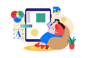 Woman Relaxing with Digital Tablet Designing Interface on Transparent Background with Teal Palette and Geometric Shapes in Modern Flat Vector Illustration