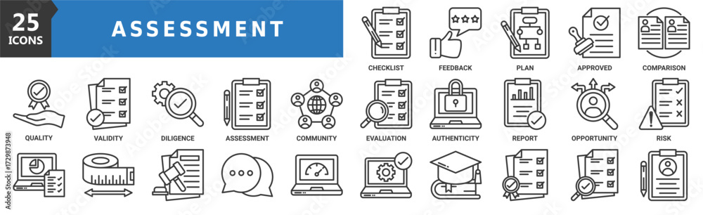 Assessment icon set. Containing checklist, feedback, requirement ...