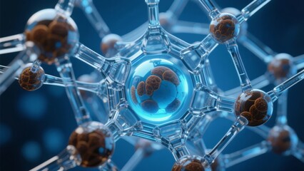 Molecular structure with central blue sphere and surrounding atoms, depicting a scientific atomic model.