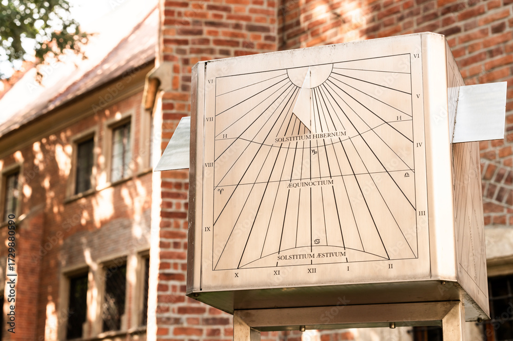 Scientific sundial with Latin markings near brick building Metal cube ...