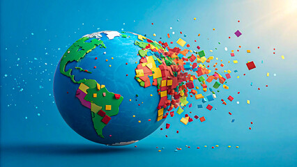 Digital globe with exploding colorful pixels representing technology and innovation
