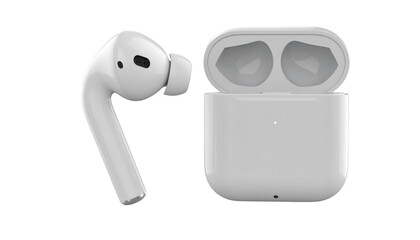 Wall Mural -  Wireless Bluetooth Earbuds Back View with Charging Connectors and Open Case Pair, isolated on transparent background