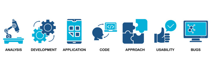 Software testing icon set vector illustration concept for analysis, development, application, code, approach, usability, and bugs