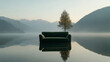 © photo for everything - Couch Reflecting Serenity: A surreal outdoor scene features a couch on a tranquil lake, mirrored in the water, with misty mountains in the backdrop, under a clear sky.