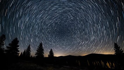 Wall Mural - Dazzling star trails arc across a pristine dark night sky above a silhouetted wilderness landscape, a cosmic astronomical timelapse pristine dark night sky, darkness, constellations