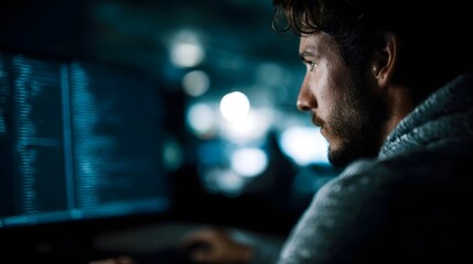 Focused male programmer working late on a computer screen illuminating his face in a dark high tech office setting with bokeh lights