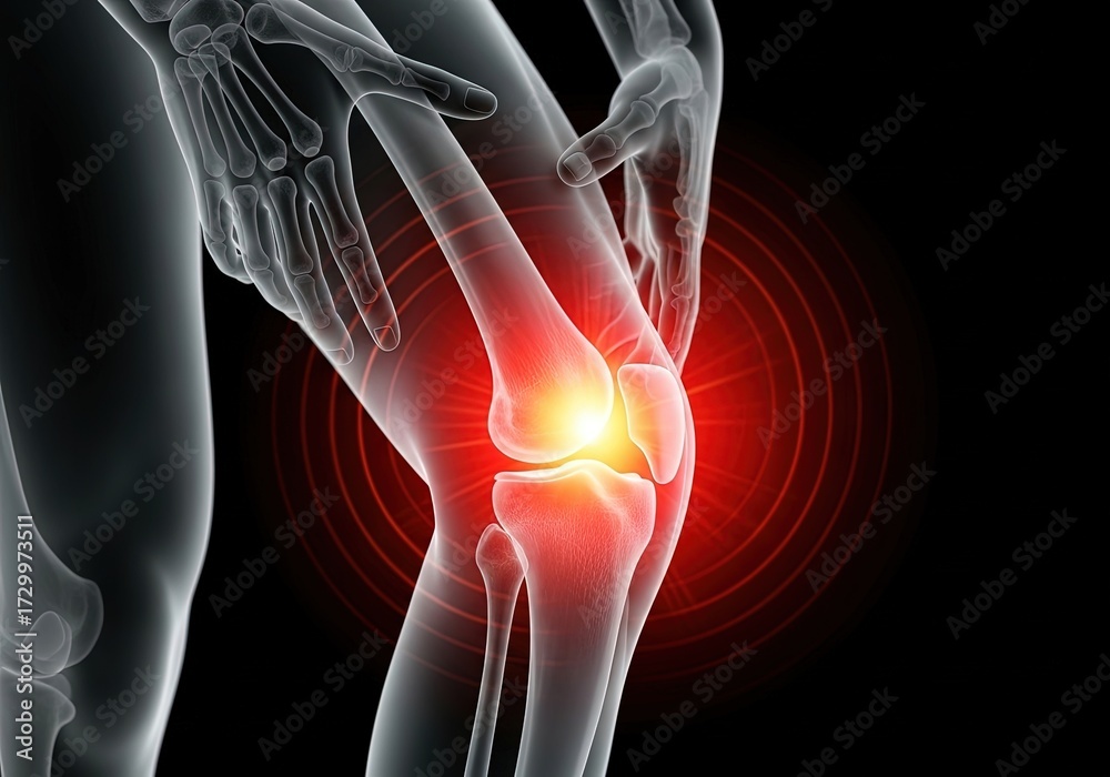 Human knee joint pain with skeleton xray and red glow showing pain and ...