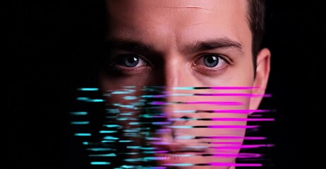 Dynamic face scan animation revealing modern identity with digital glitch effects