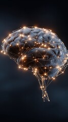 Wall Mural - 3D rendering of a human brain with connected nodes and glowing lights representing neural networks and artificial intelligence technology.