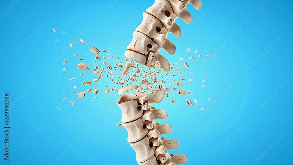 3D medical illustration of human spine showing osteoporosis bone loss ...