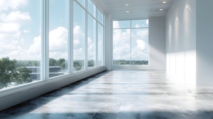 Wall Mural - A bright modern and empty office interior flooded with natural daylight through large  showcasing a spacious professional environment