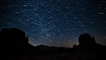 Wall Mural - Brilliant stars create mesmerizing trails as they rotate across a dark night sky above a remote landscape timelapse epic, explore, celestial