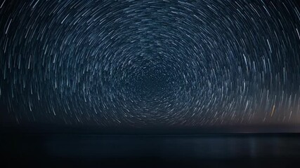 Wall Mural - Astounding night sky timelapse showcasing countless stars rotating above a dark, vast ocean, revealing the Earth's majestic cosmic dance countless stars, tranquil, ocean