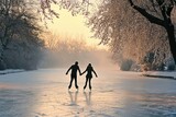 Couples enjoy winter ice skating at sunset on a frozen pond surrounded by trees