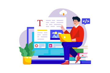 Man Coding on Laptop with Cloud and Books in Transparent Background