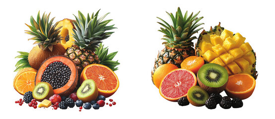 Two fruit arrangements featuring pineapples, papayas, oranges, kiwis, and berries isolated on transparent background, a colorful and healthy display of natures bounty