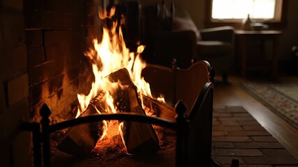Sticker - a crackling fireplace brings warmth and light to a cozy, dimly lit room, creating a peaceful atmosph