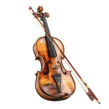 Classic violin with bow, detailed wooden string instrument, white isolated background