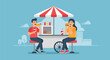 © Amie - Adobe illustrator artwork vector illustration: Happy couple enjoys hot dogs and pretzels at a street food stand in the city, perfect for urban lifestyle and casual dining themes