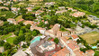 Aerial view of the historic center of Casciana Terme, Pisa, olive trees and vineyards in the background