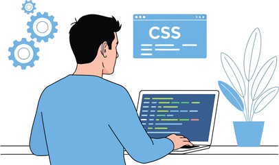 Wall Mural - Man coding on laptop with css isolated on white background, software concept