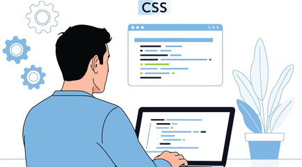 Wall Mural - Man coding on laptop with css isolated on white background, web development