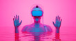 © creative - character with VR goggles immersed in backlit diffuse liquid with colorful background