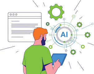 Man using artificial intelligence on tablet isolated on white background