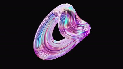 Abstract twist swirl holographic iridescent metal shape. Vibrant 3D Y2K trendy object, motion futuristic looped animation design