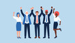 © MD SHAHAJALAL - Vector art of a diverse group of five business people, men and women of different ages and ethnicities, celebrating with their arms raised in the air against a light blue background, symbolizing succe