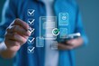 © Infinite Views - Task management system with holographic checklists,hand selecting digital documents,AI workflow automation,online project planning and productivity technology for business success and corporate effici