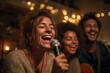 © Michael - Young friends laughing and singing into microphones during a fun evening gathering