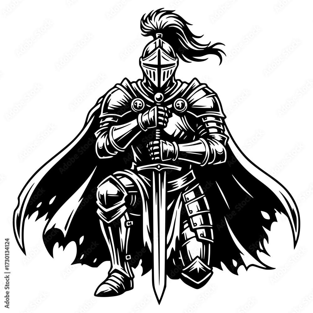 Medieval knight in full armor kneeling with a sword and flowing cape ...