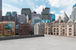 Rooftop terrace with panoramic view of American cityscape featuring modern and historic buildings under a partly cloudy sky in USA.