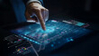 © Luke - Futuristic Digital Interface with Business Data and Hand Interaction in a Dark Environment Highlighting Innovative Technology Trends