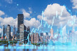 Financial growth concept over modern USA cityscape background with data visualization and stock market candlestick chart overlay on bright sky.