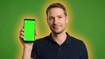 Professional man holding smartphone with green screen pointing finger demonstrating technology