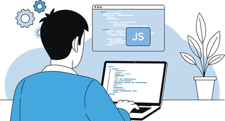 Programmer working on javascript code isolated on white background