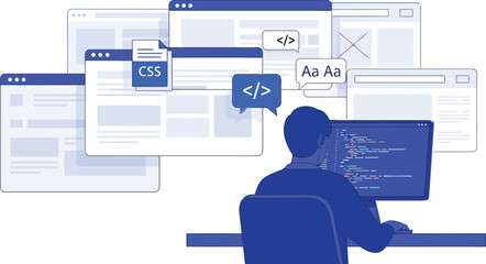 Programmer working on website development isolated on white background