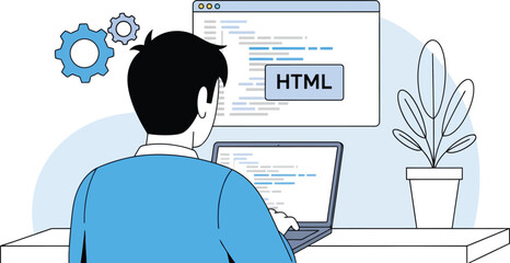 Man coding html on laptop isolated on white background, back angle view