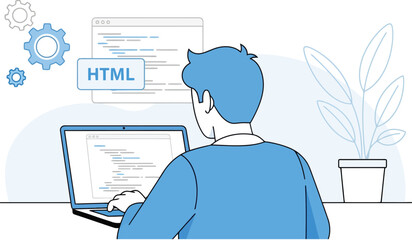 Man coding html on laptop isolated on white background for web development