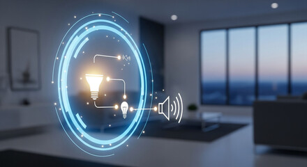 Smart home automation system interface on blurred living room background for modern lifestyle
