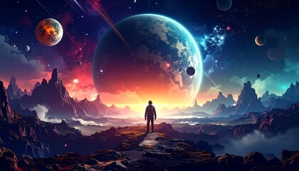 A lone figure stands on a mountaintop, gazing at a breathtaking cosmic landscape of swirling nebulae and planets. The color gradient is amazing