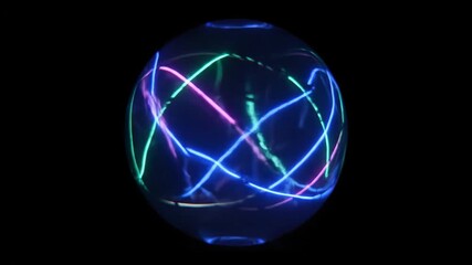 Wall Mural - Neon Glowing Lines in Crystal Ball - A transparent crystal ball is showcased against a black backdrop, featuring neon lines in shades of blue, green, and pink swirling inside.