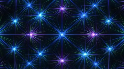 Wall Mural - Neon Starburst Pattern on Black Background - This video shows a starburst pattern with neon lines radiating from bright central points.