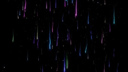 Wall Mural - Neon Snowfall on Black Background - A vibrant display of neon-colored lines falling down a black screen, creating an effect similar to snowfall with particle effects.