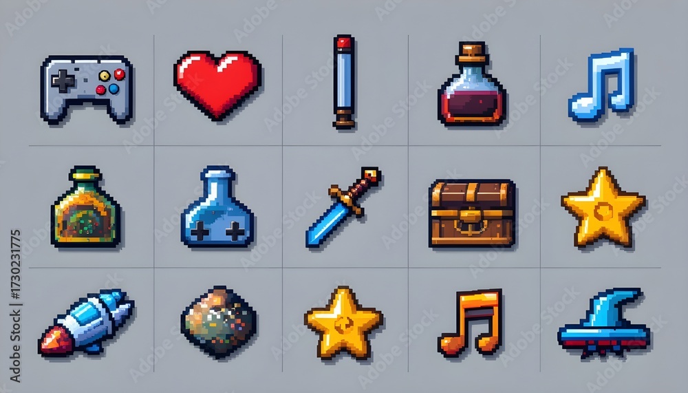 Retro pixel art style game icons including heart, sword, potion ...