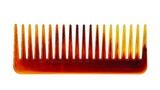 Top view of a wide-tooth tortoiseshell-style comb with smooth rounded edges,ideal for detangling,styling, and managing hair gently without breakage, featuring a glossy amber and brown gradient finish.