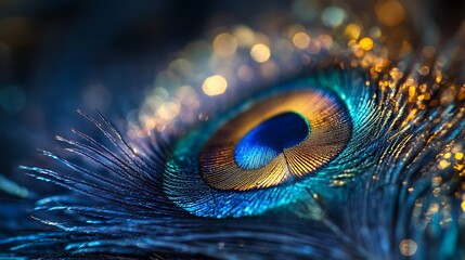 A close up view of a peacock feather with shimmering gold bokeh and blue and gold iridescent colors